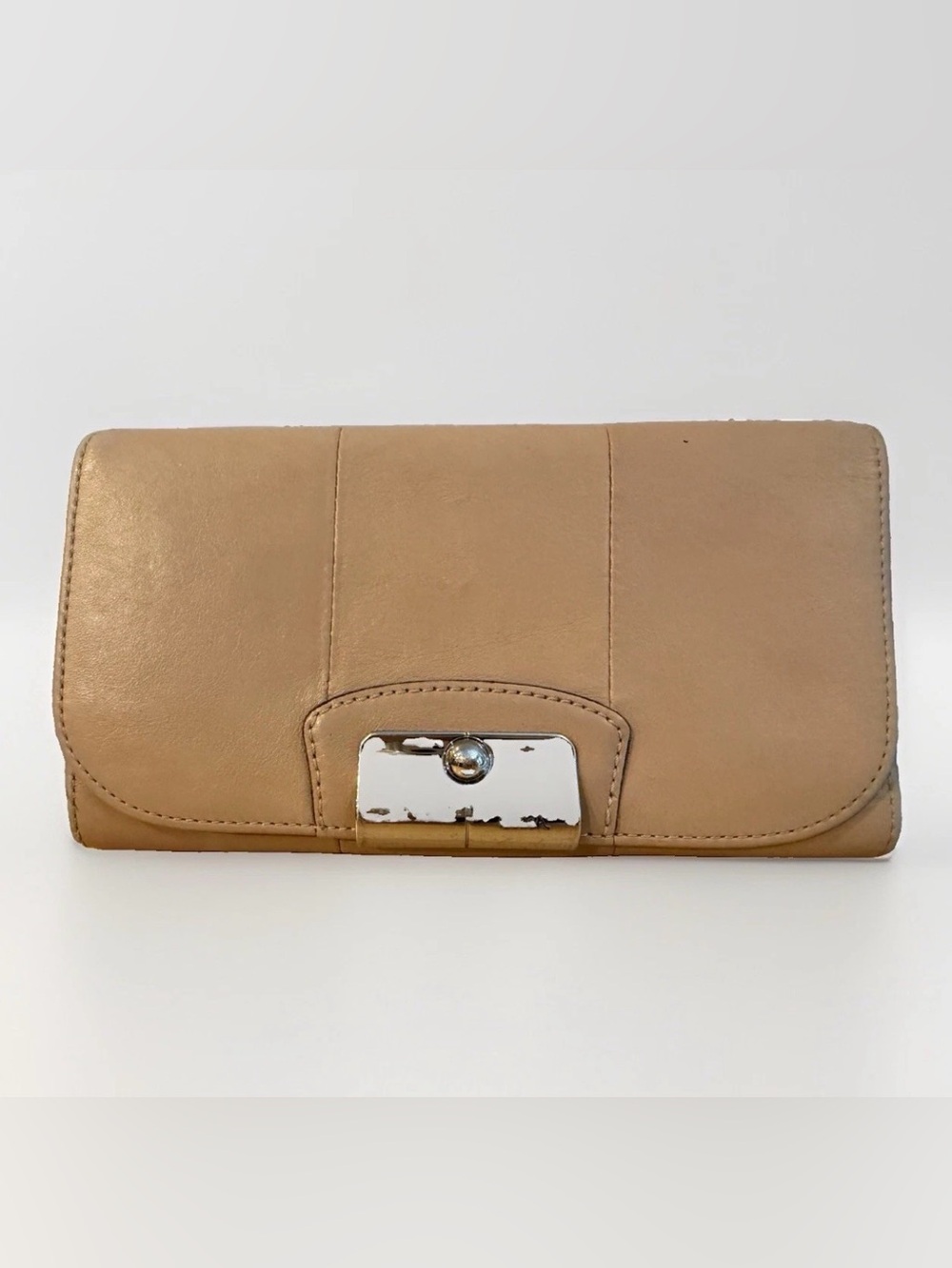 Coach Kristin Wallet Slim Tri-Fold Beige ID Card Snap Close Leather Lilac Inside